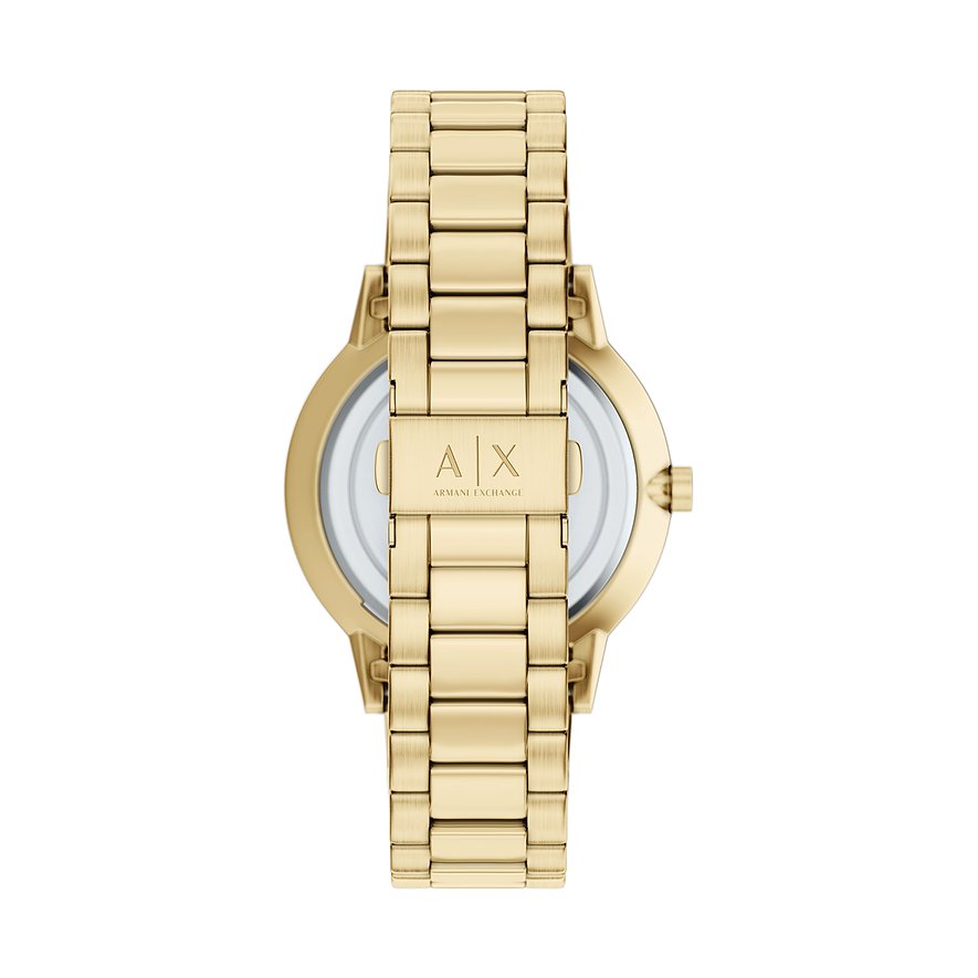 Rückseite einer goldenen Armani Exchange Uhr aus Edelstahl von oben, mit dem gravierten AX-Logo auf dem Verschluss.