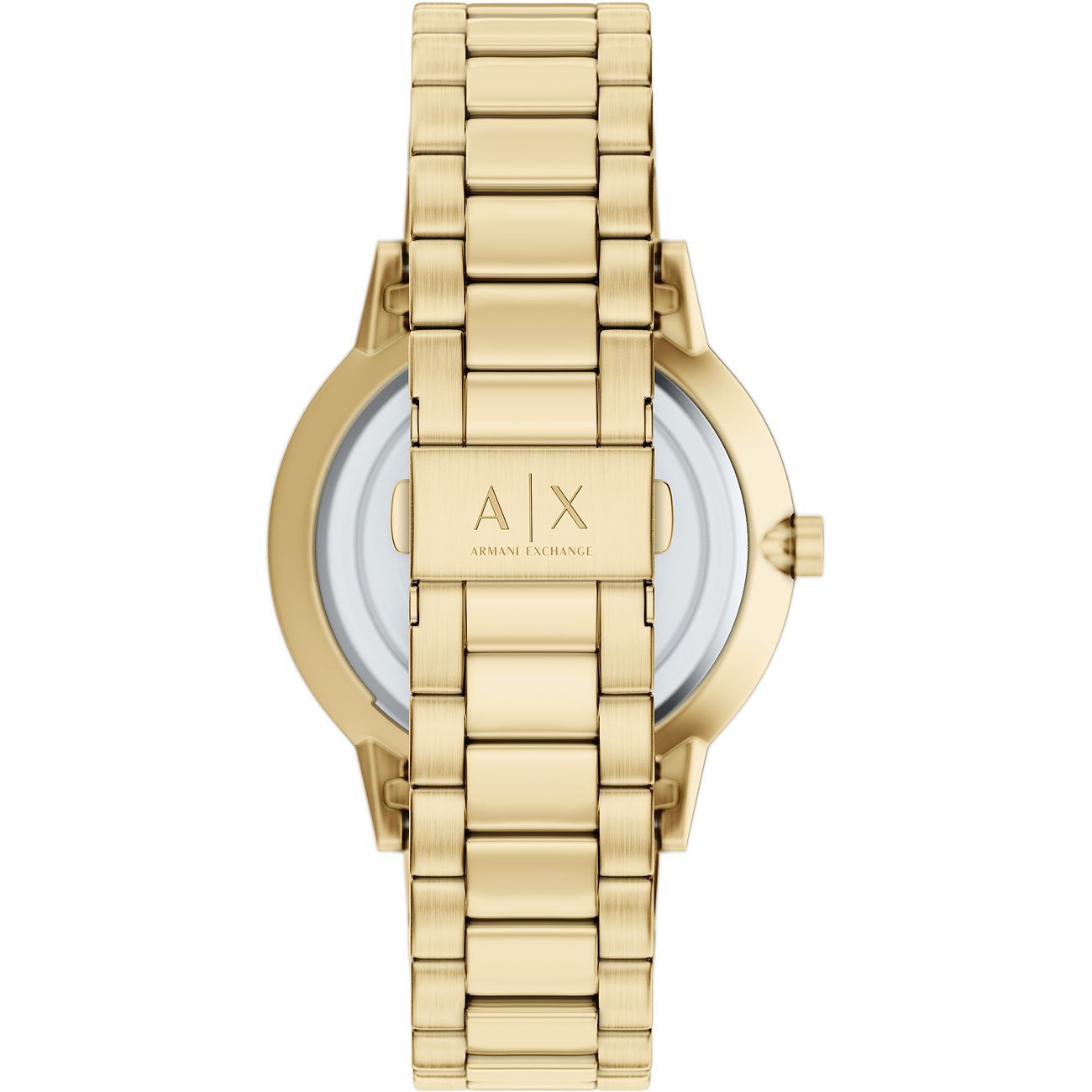 Rückseite einer goldenen Armani Exchange Uhr aus Edelstahl von oben, mit dem gravierten AX-Logo auf dem Verschluss.