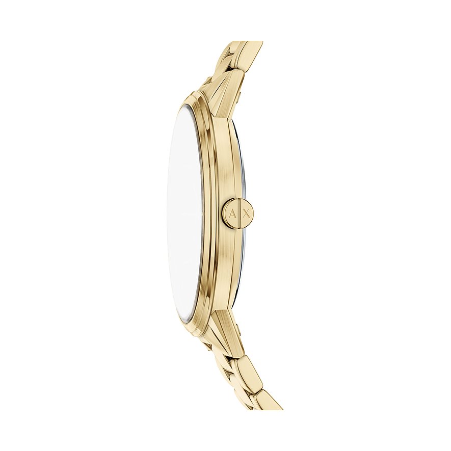 Seitenansicht der runden goldenen Armani Exchange Uhr aus Edelstahl mit Krone und Markenlogo.