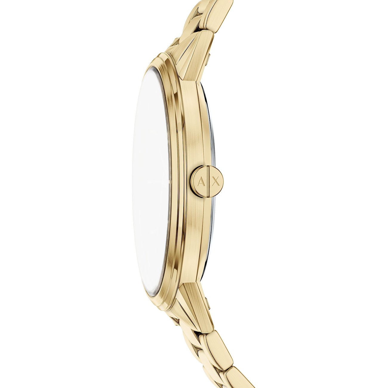 Seitenansicht der runden goldenen Armani Exchange Uhr aus Edelstahl mit Krone und Markenlogo.