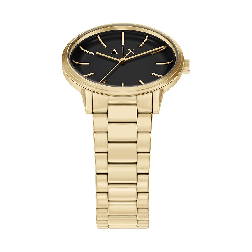 Eine Armani Exchange Armbanduhr aus goldenem Edelstahl mit schwarzem Zifferblatt und goldenen Indizes.