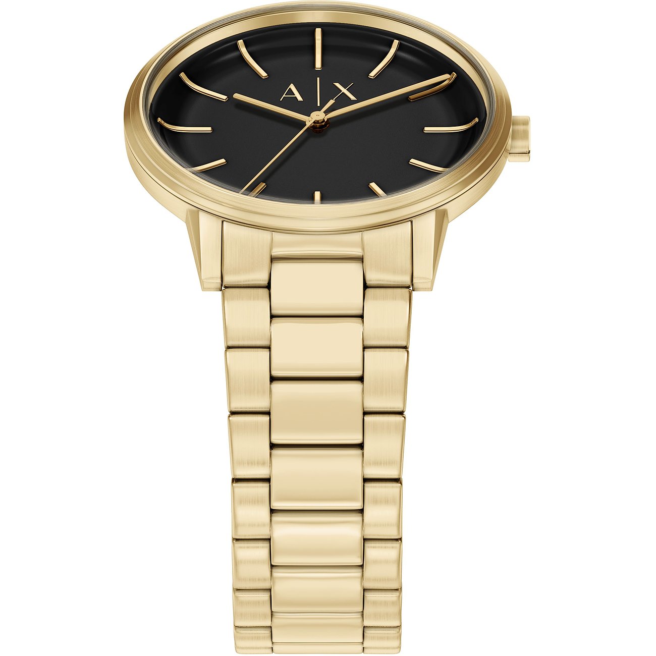 Eine Armani Exchange Armbanduhr aus goldenem Edelstahl mit schwarzem Zifferblatt und goldenen Indizes.