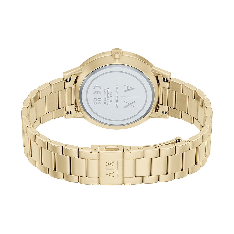 Rückansicht der goldenen Armani Exchange Uhr aus Edelstahl mit gravierter Unterseite und Verschluss.