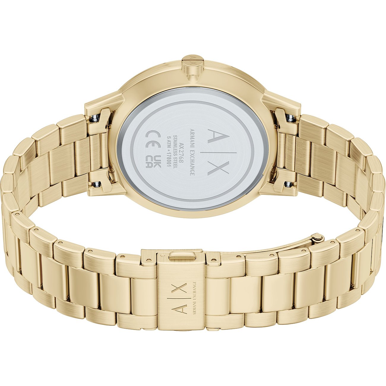 Rückansicht der goldenen Armani Exchange Uhr aus Edelstahl mit gravierter Unterseite und Verschluss.