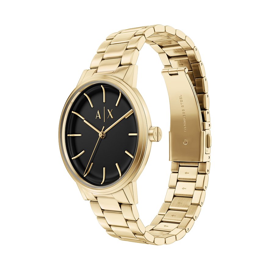 Armani Exchange Armbanduhr in Gold aus gebürstetem Edelstahl mit schwarzem Zifferblatt und Logo in der Mitte.