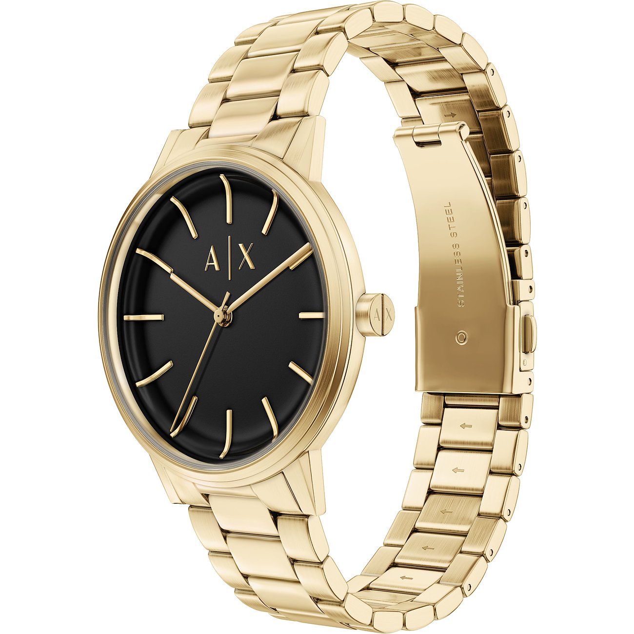 Armani Exchange Armbanduhr in Gold aus gebürstetem Edelstahl mit schwarzem Zifferblatt und Logo in der Mitte.