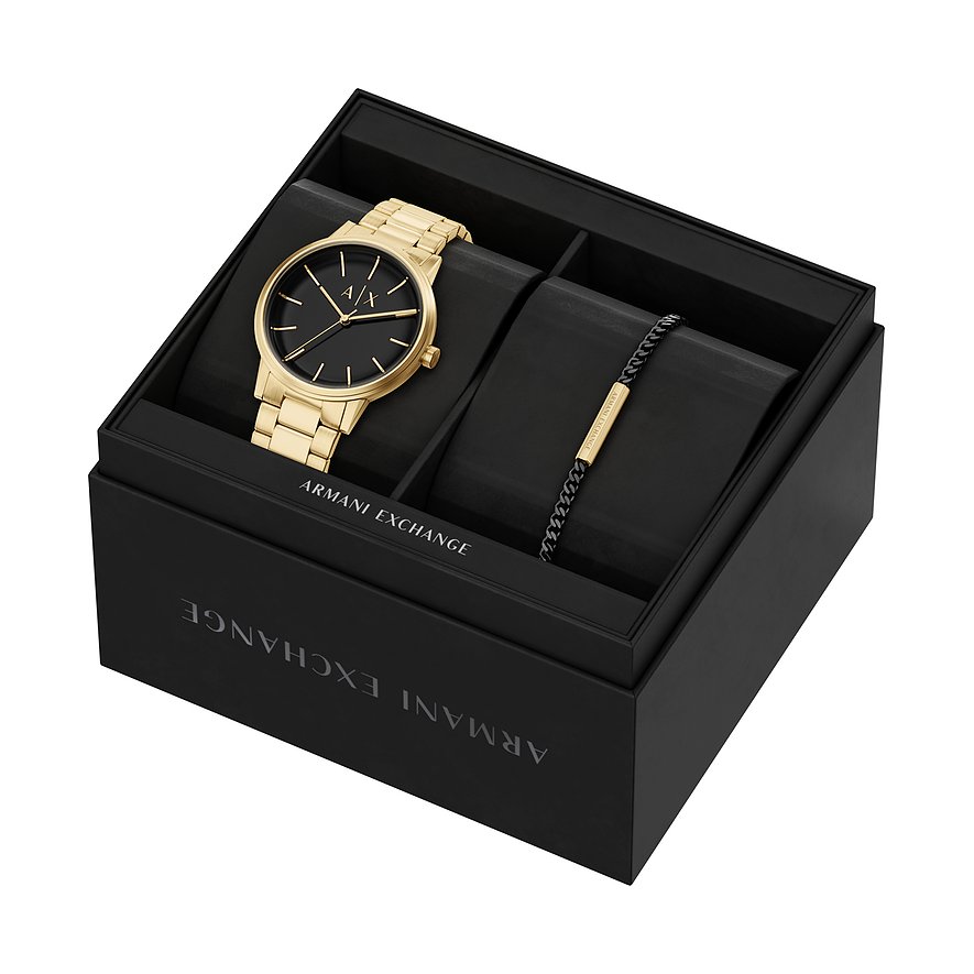 Armani Exchange Set: goldfarbene Edelstahluhr & Armband in schwarzer Geschenkbox.