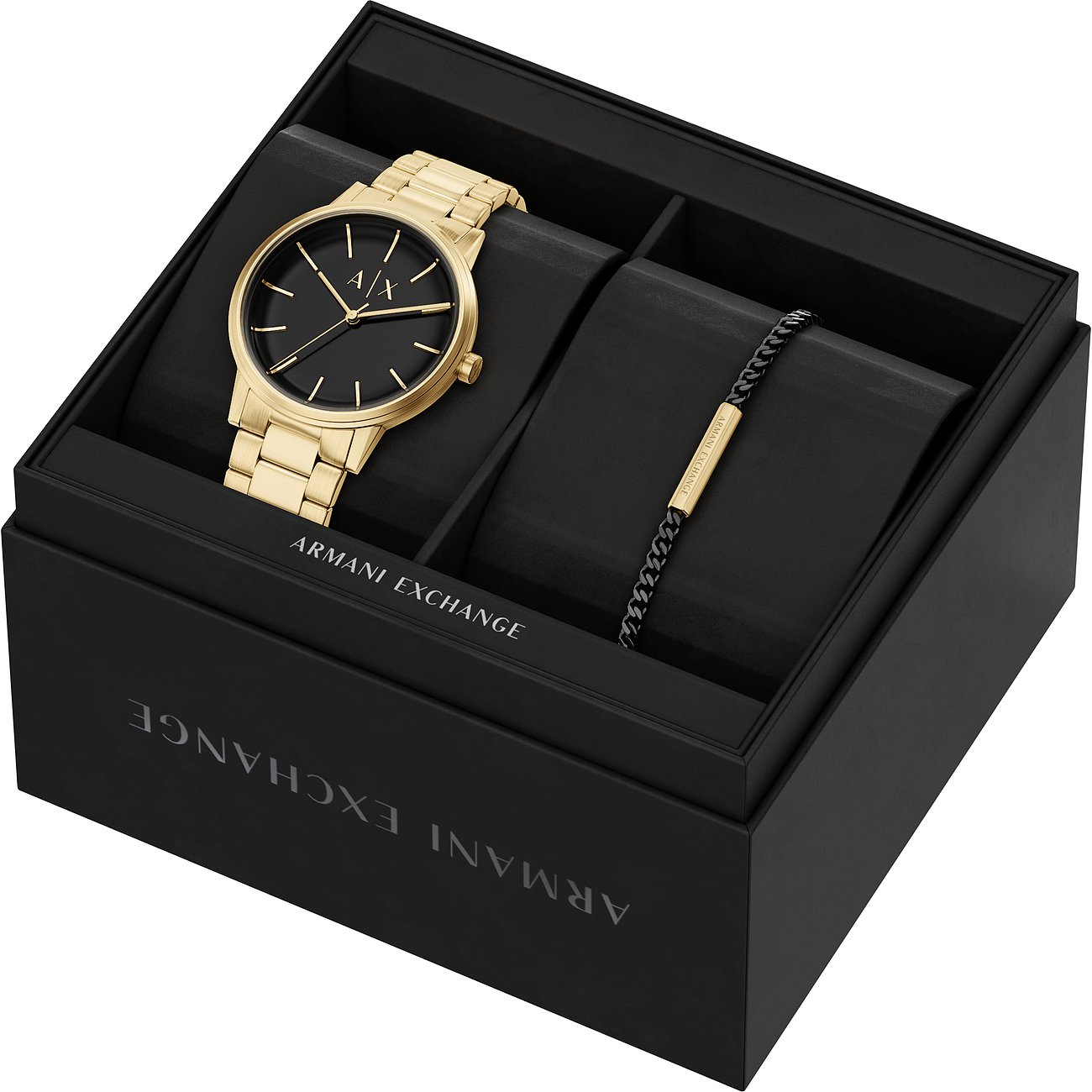 Armani Exchange Set: goldfarbene Edelstahluhr & Armband in schwarzer Geschenkbox.