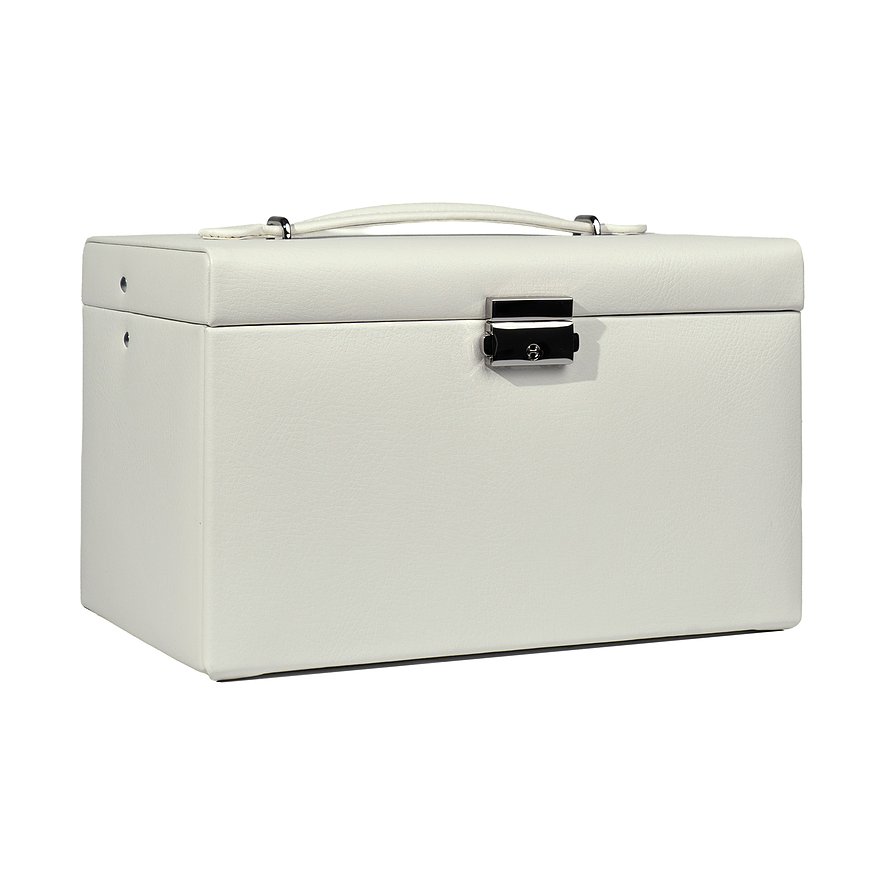 Eine weiße Friedrich23 Leder-Box mit Griff und silberfarbenem Verschluss von der Seite gesehen.