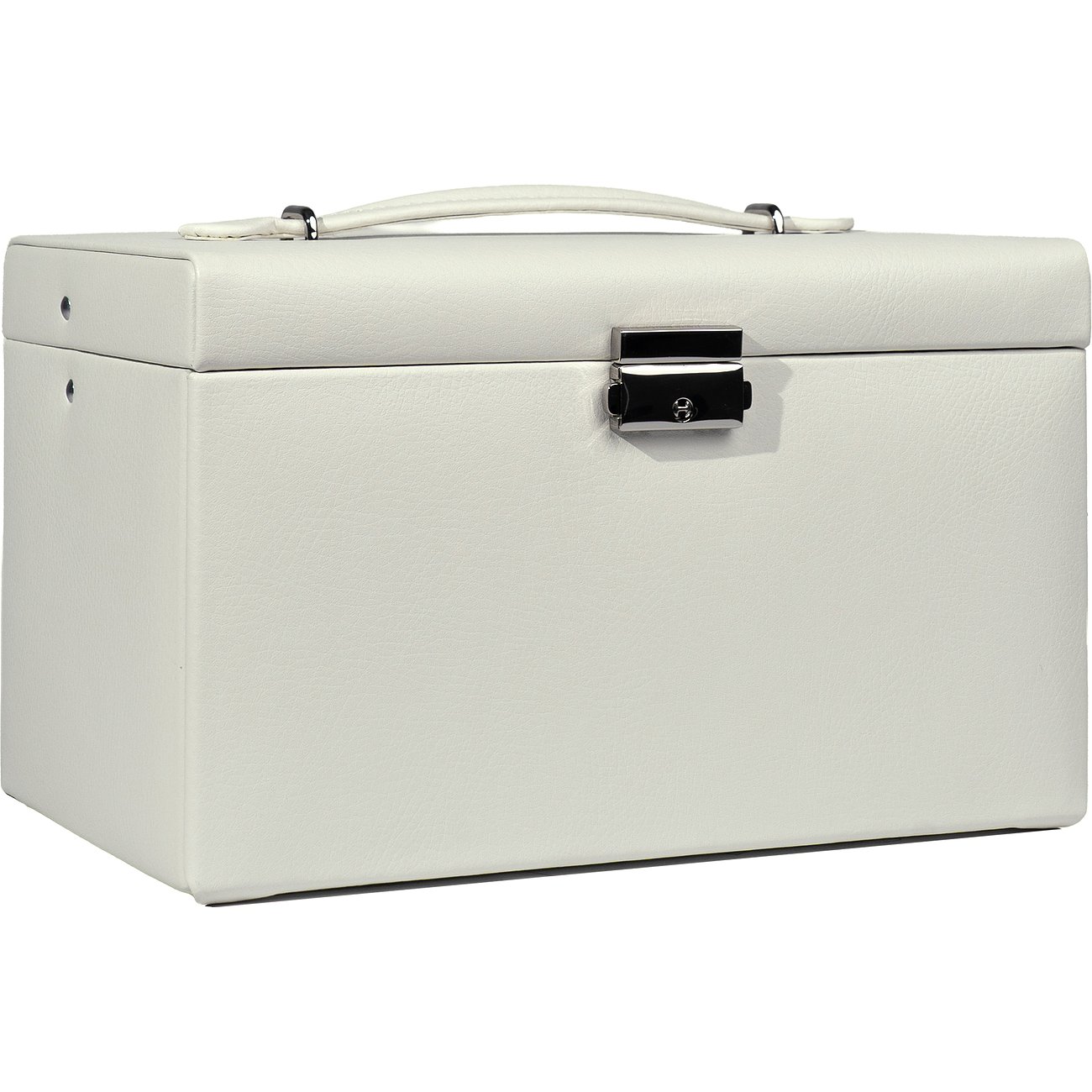 Eine weiße Friedrich23 Leder-Box mit Griff und silberfarbenem Verschluss von der Seite gesehen.