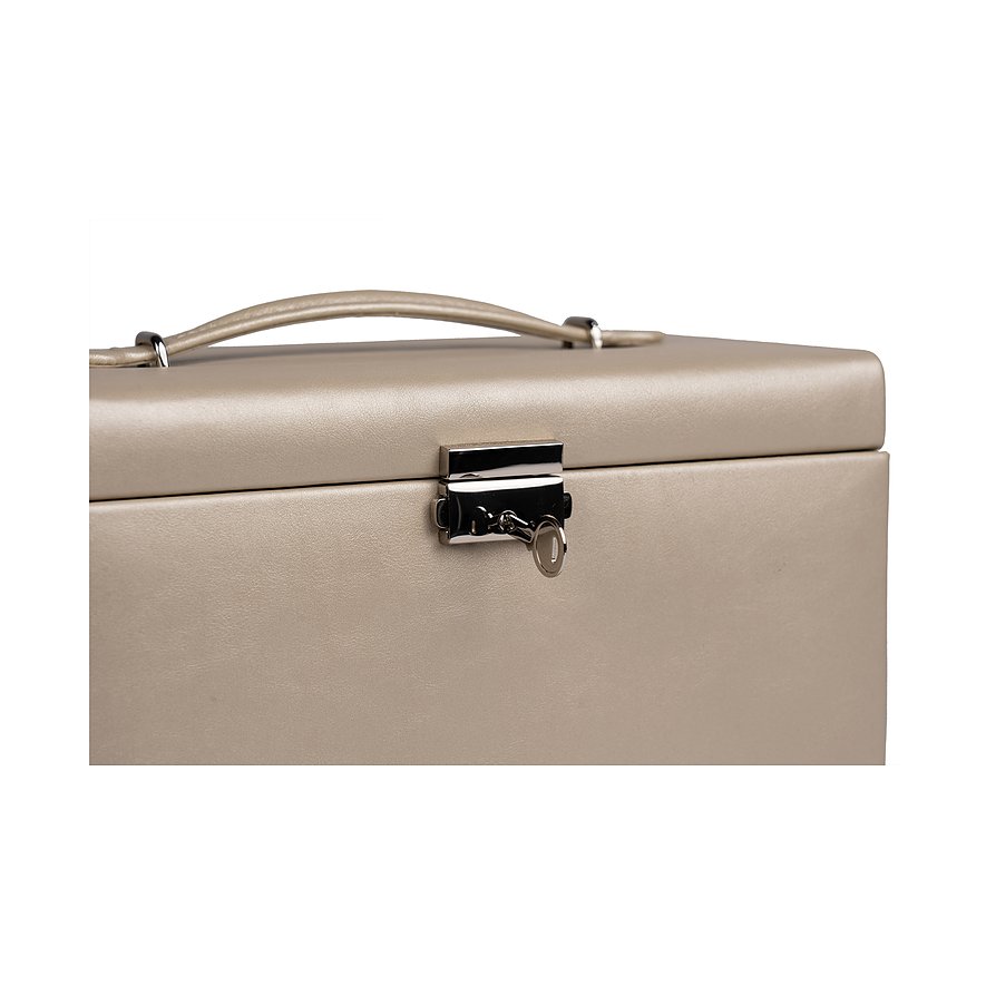 Nahaufnahme des Schlosses mit Schlüssel an einer beigefarbenen Friedrich23 Lederbox, Leder in 'Sonstiges'.