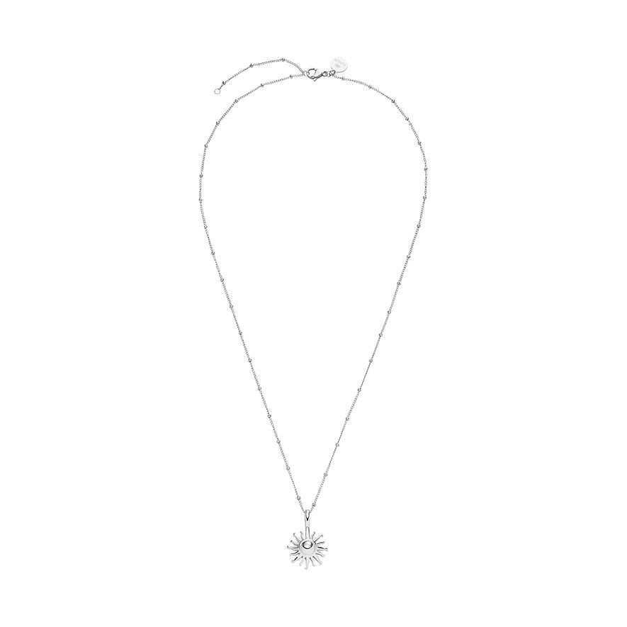 Langes, silberfarbenes Purelei Amulett-Halsband aus Edelstahl, verziert mit Kugelgliedern und einem Sonnenanhänger.