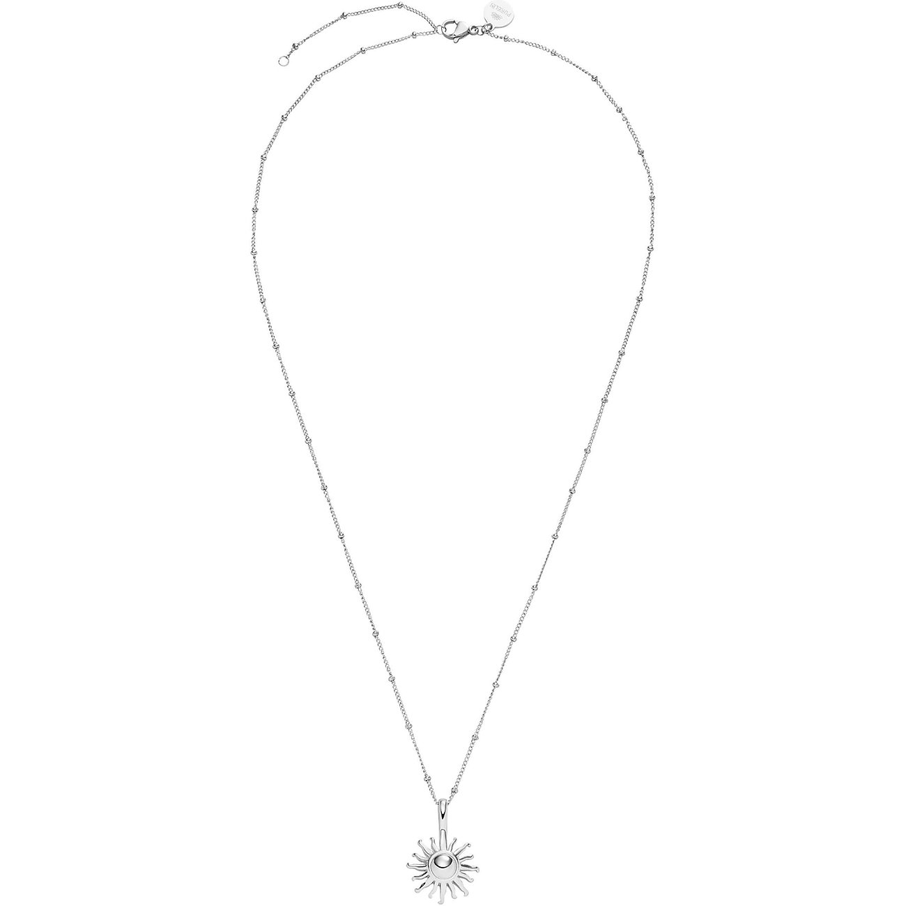Lang Purelei amulet-halskæde i sølvfarvet rustfrit stål, dekoreret med kugleled og et solvedhæng.
