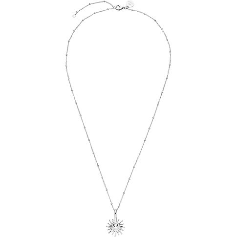 Långt, silverfärgat Purelei amulett-halsband i rostfritt stål, prytt med kulkedja och ett solhänge.