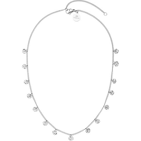 Ett silverfärgat Purelei halsband i rostfritt stål med många små, runda, klara ädelstenar.