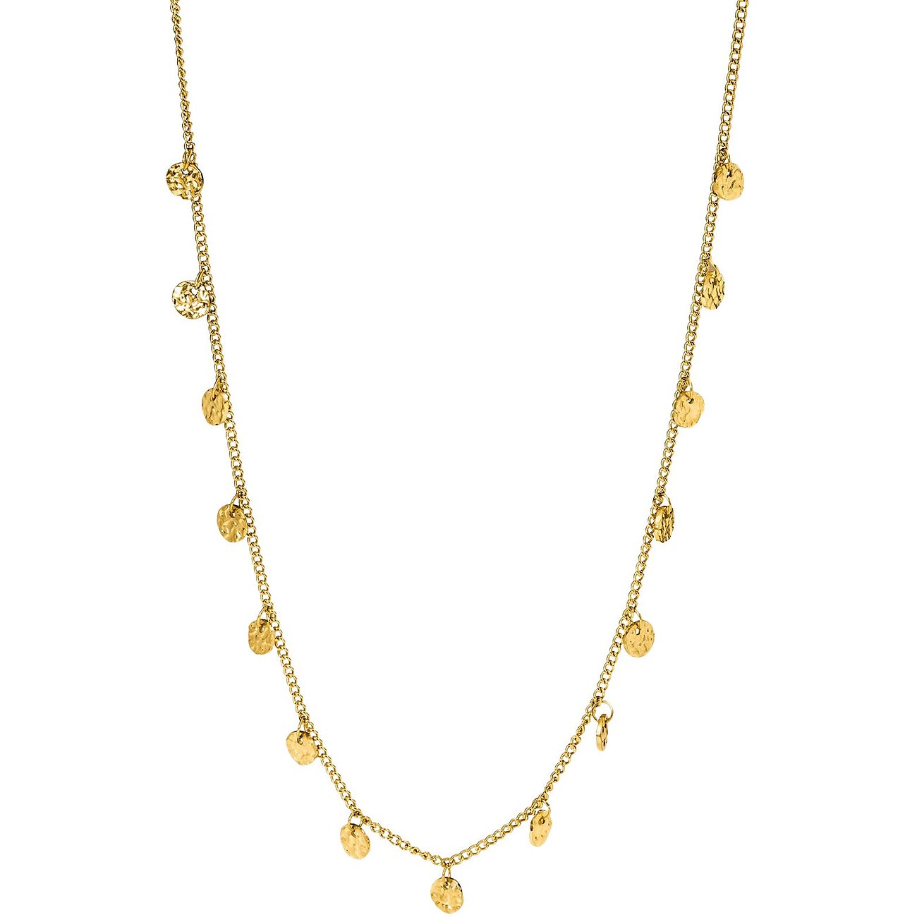 Een lange, goudkleurige Purelei roestvrijstalen ketting met veel kleine, ronde, gehamerde hangers.