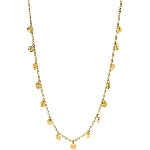 Ett långt, guldfärgat Purelei halsband i rostfritt stål med många små, runda, hamrade berlocker.