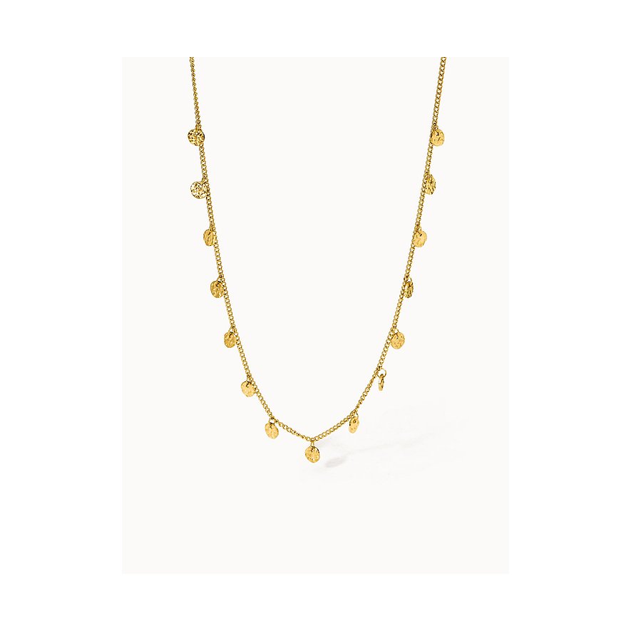Close-up van een gouden Purelei rvs ketting met veel kleine, ronde, gehamerde hangers.