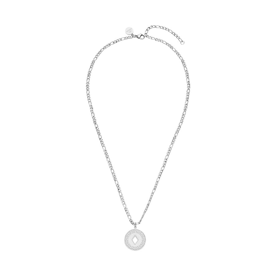 Purelei roestvrijstalen ketting met schakelketting en ronde hanger met decoratief ruitjesontwerp.