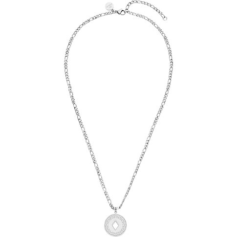 Purelei halsband i rostfritt stål med länkkedja och runt hänge med dekorativt rutmönster.