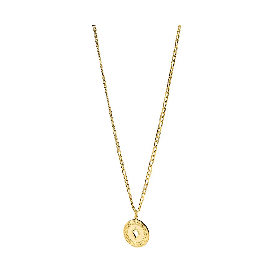 Purelei Gold-Edelstahl-Halskette: feine Figarokette mit rundem Anhänger, rautenförmigem Cut-out und ziselierter Kante.