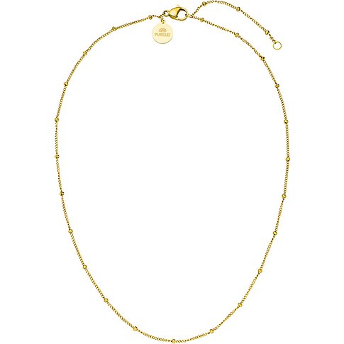 Närbild av Purelei halsband i guldfärgat rostfritt stål med små runda kulor längs kedjan, lås upptill.