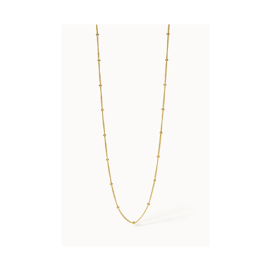 Purelei ketting van goudkleurig roestvrij staal met kleine ronde kralen langs de ketting, van bovenaf.