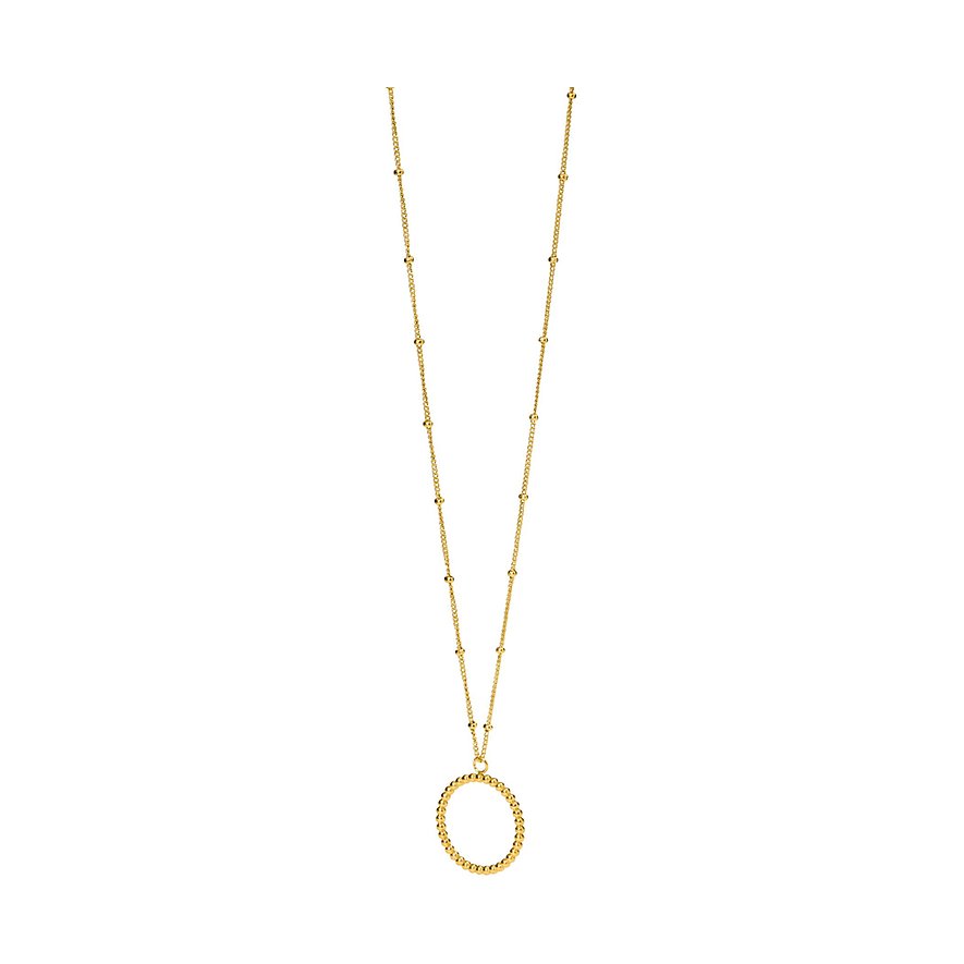 Een lange goudkleurige Purelei roestvrijstalen ketting met kleine bolletjes en een grote ronde hanger.