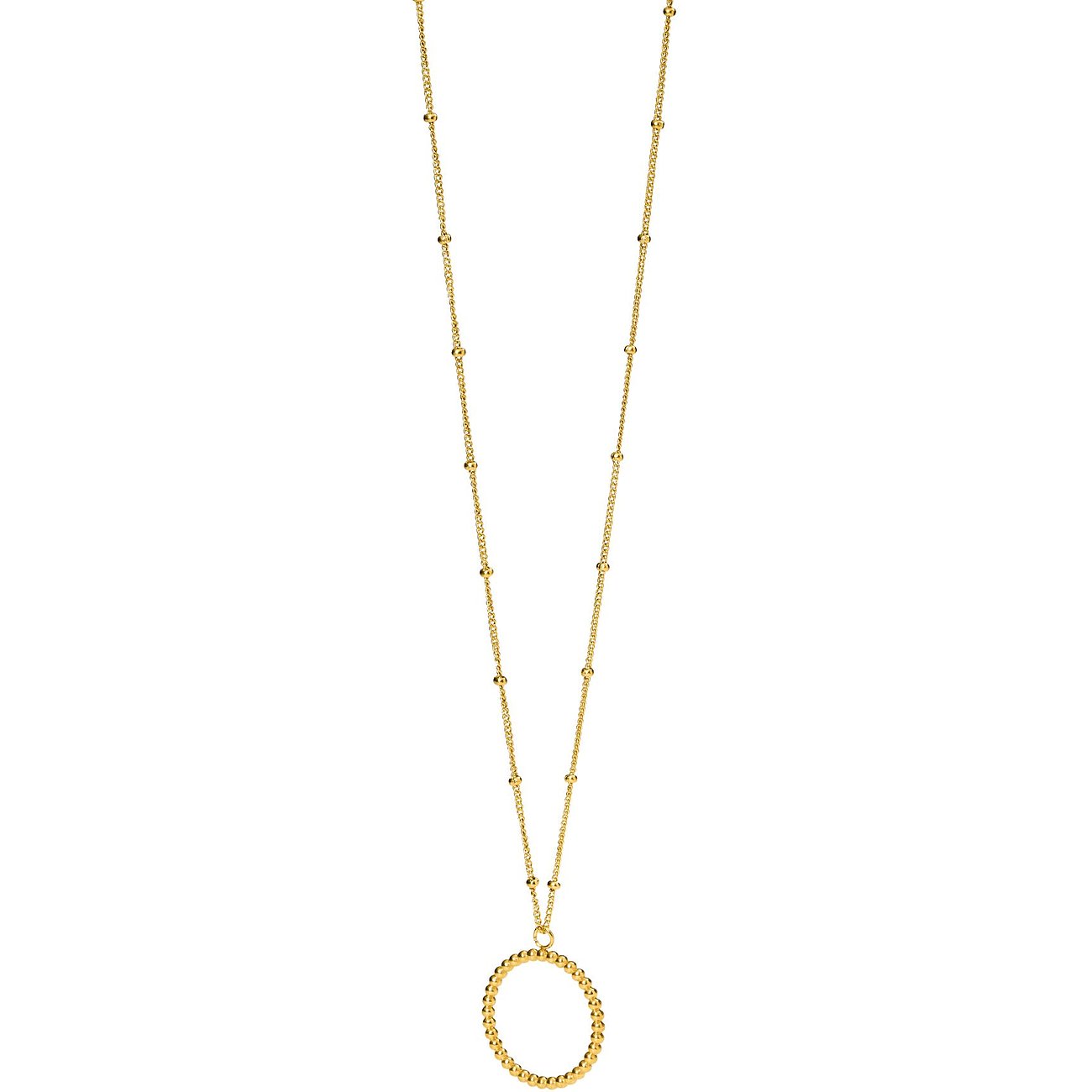 Een lange goudkleurige Purelei roestvrijstalen ketting met kleine bolletjes en een grote ronde hanger.