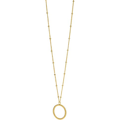 Ett långt guldfärgat Purelei-halsband i rostfritt stål med små kulor och ett stort runt hänge.