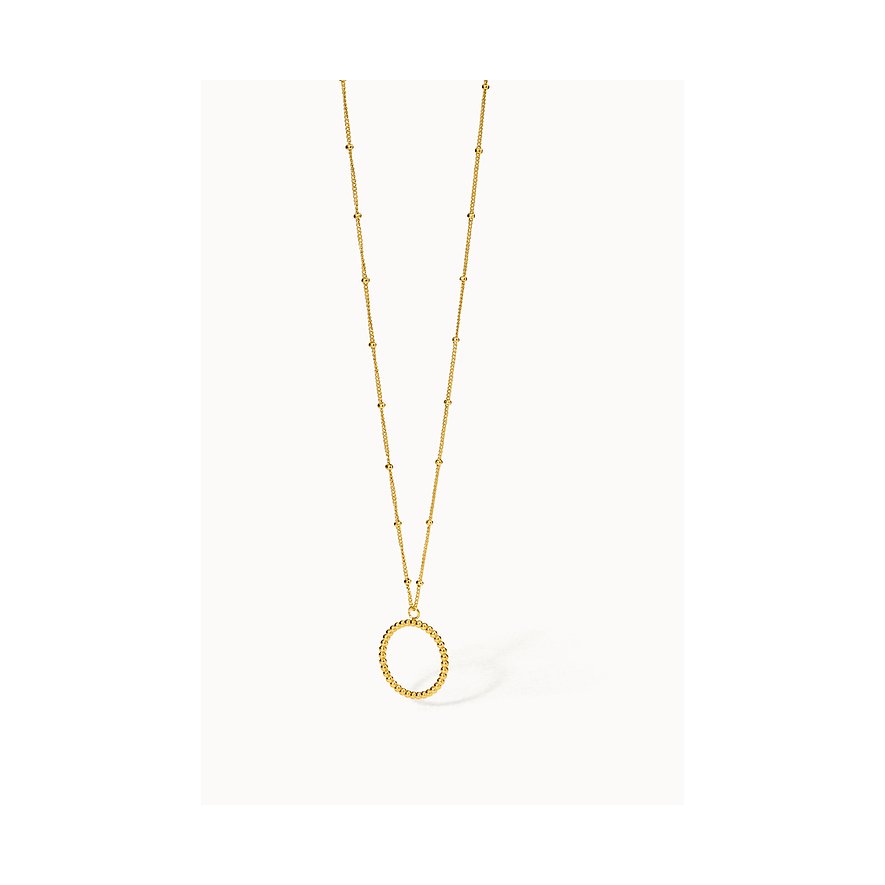De Purelei-halsketting van goudkleurig roestvrij staal toont een ronde hanger met kleine balletjes aan een ketting.