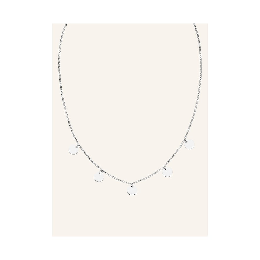 Een subtiele Purelei ketting van glanzend roestvrij staal met vijf kleine, ronde hangers.
