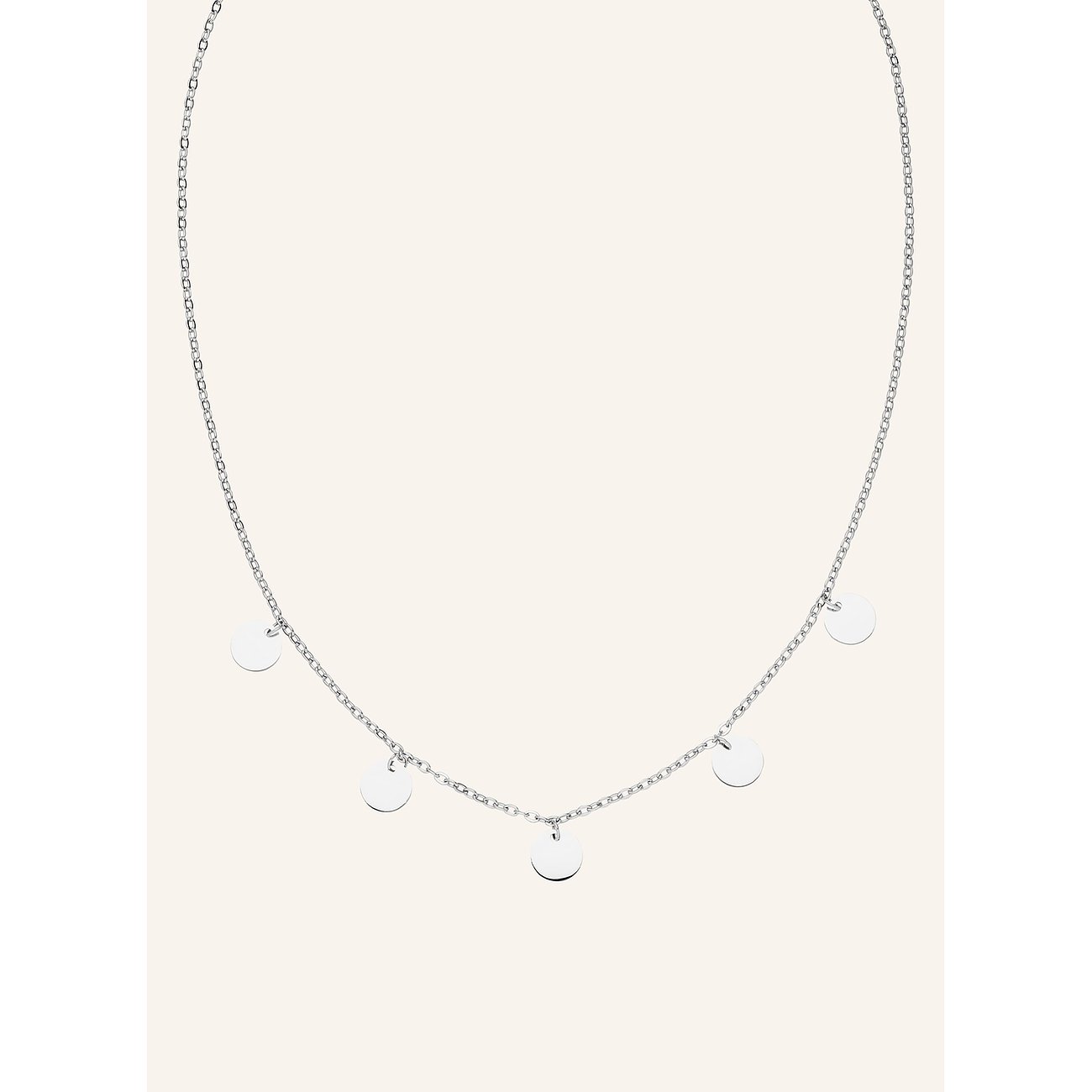 Een subtiele Purelei ketting van glanzend roestvrij staal met vijf kleine, ronde hangers.