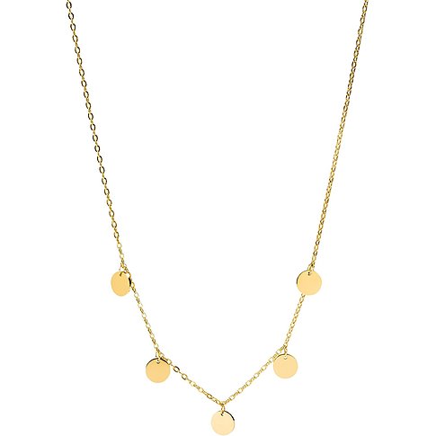 Ett långt, guldfärgat Purelei halsband i rostfritt stål med fem små, jämnt fördelade, runda skivor.