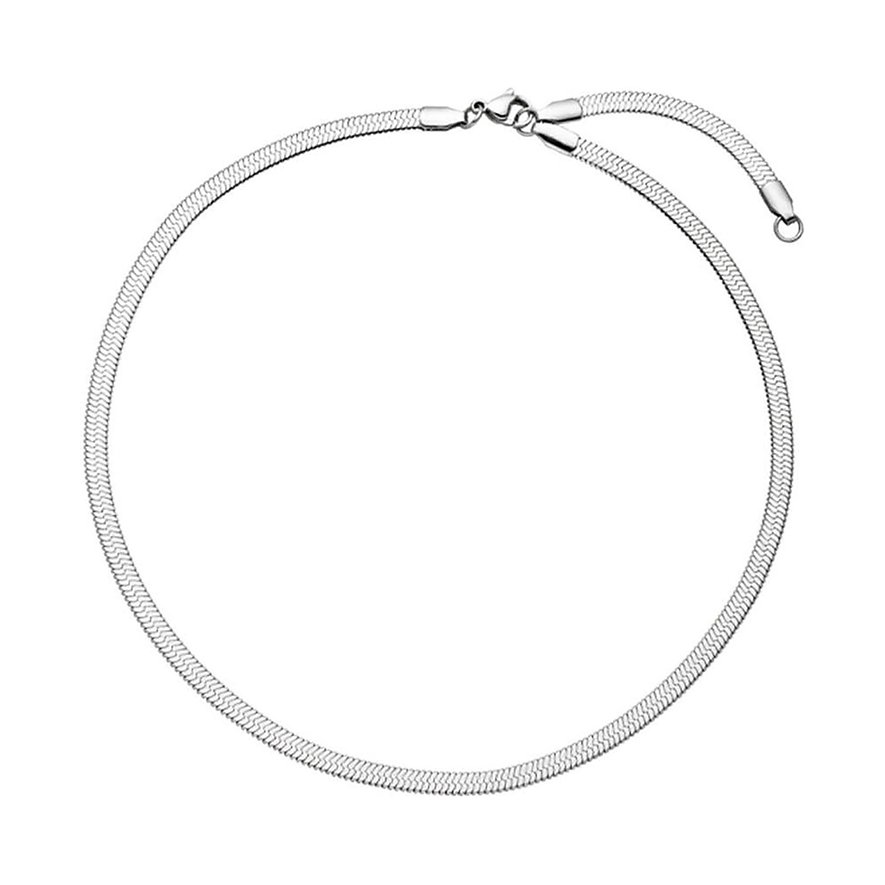 Purelei Halskette aus Edelstahl, eine silberfarbene flache Schlangenkette mit sichtbarem Verschluss.
