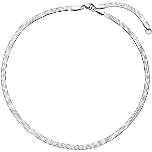 Purelei halsband i rostfritt stål, en silverfärgad platt ormkedja med synligt lås.