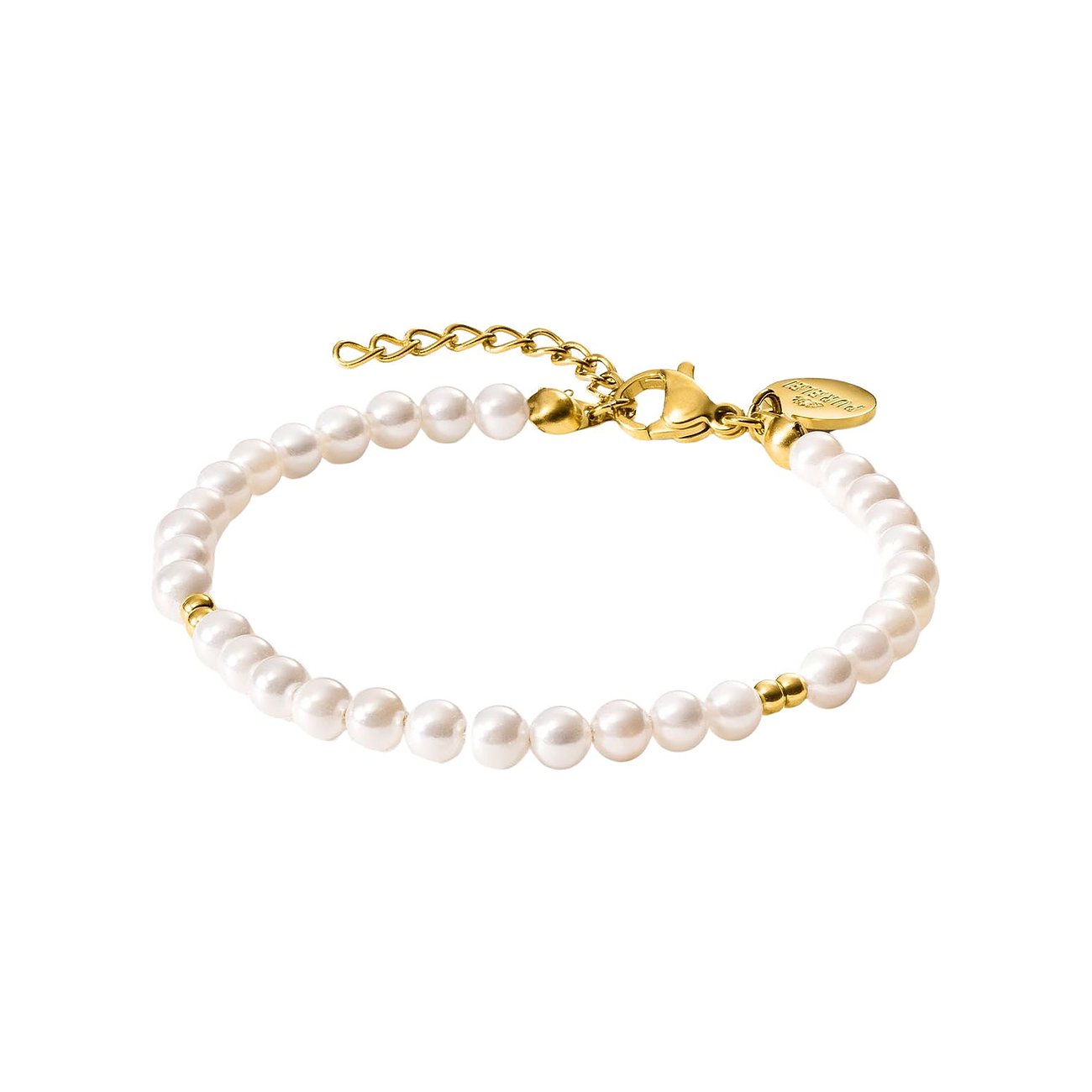 Purelei armband van roestvrij staal, een armband met veel kleine glanzende parels en gouden accenten.