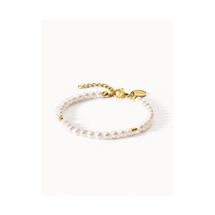 Purelei armband van roestvrij staal met witte parels, gouden accenten en een merkhanger.