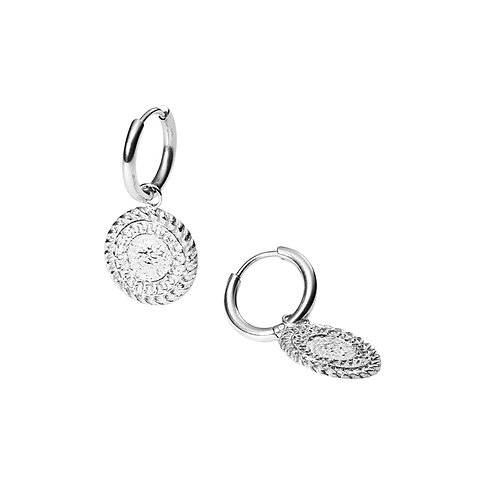 Två Purelei "öronsmycken" i rostfritt stål: silverfärgad ring och texturerat, runt hänge.