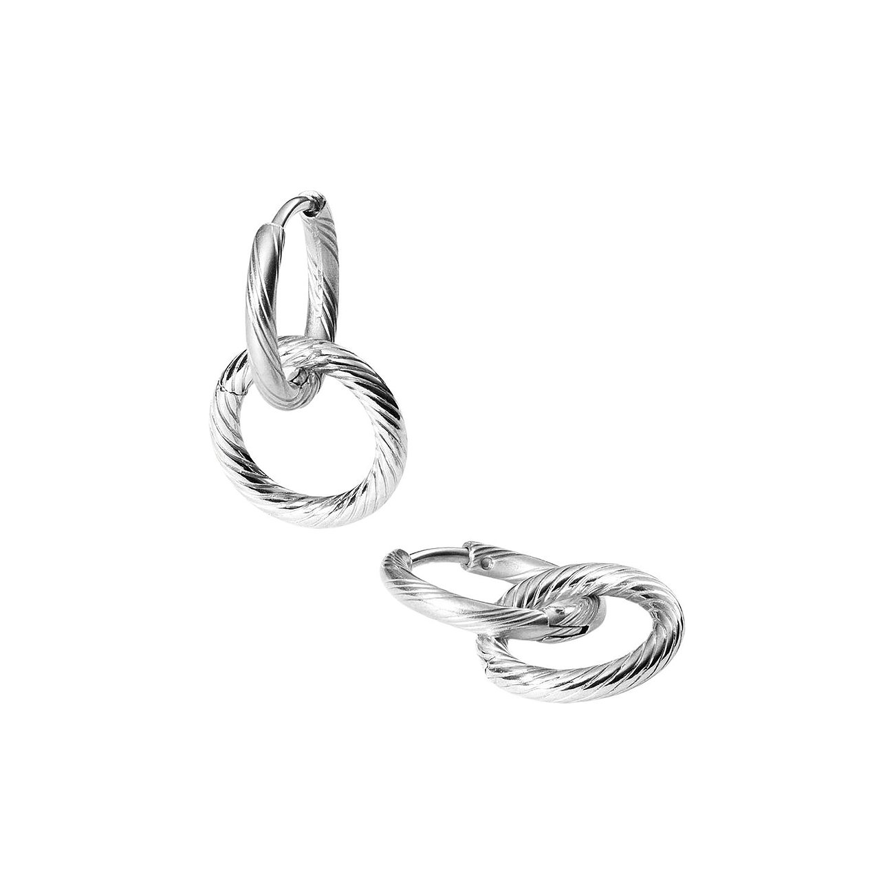 Zwei Purelei Edelstahl-Ohrringe mit gedrehten Doppelringen in Silber, links stehend, rechts liegend.