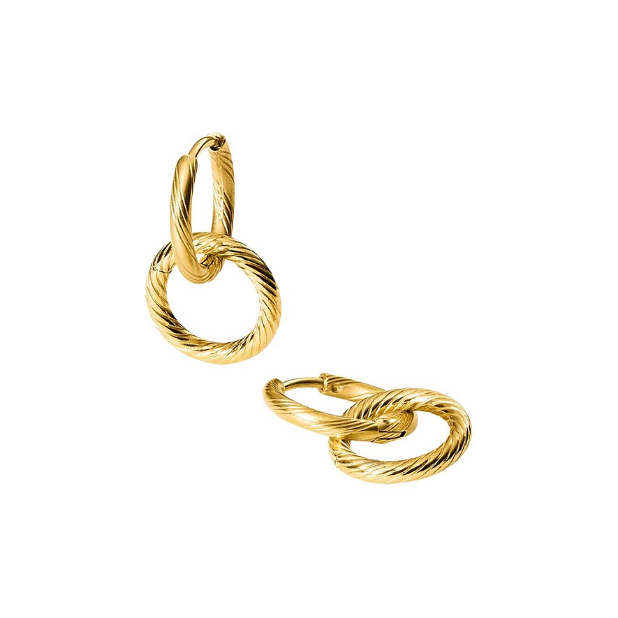 Zwei Purelei Edelstahl-Ohrringe in Gold, einer hängt vertikal und der andere liegt horizontal, beide mit Rillenmuster.