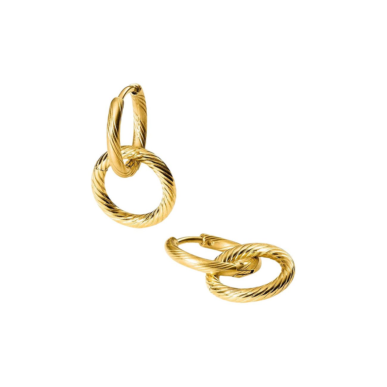 Zwei Purelei Edelstahl-Ohrringe in Gold, einer hängt vertikal und der andere liegt horizontal, beide mit Rillenmuster.