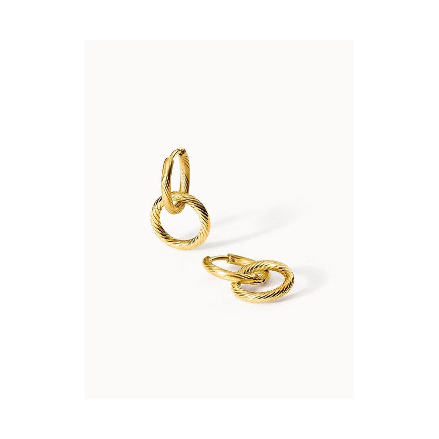 Zwei Purelei Edelstahl Ohrringe in Gold mit strukturierten Ringen, einer steht aufrecht, der andere liegt flach.