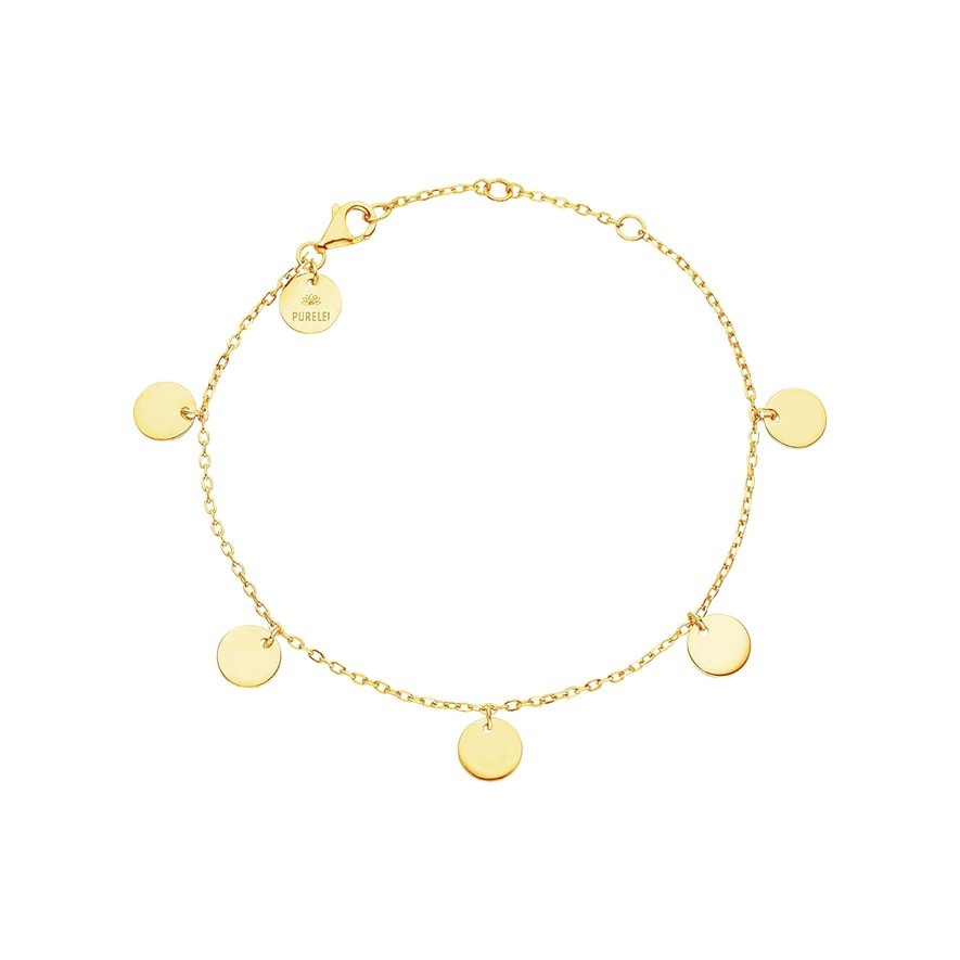 Purelei armband van goudkleurig edelstaal met meerdere ronde, glanzende plaatjes en karabijnsluiting.