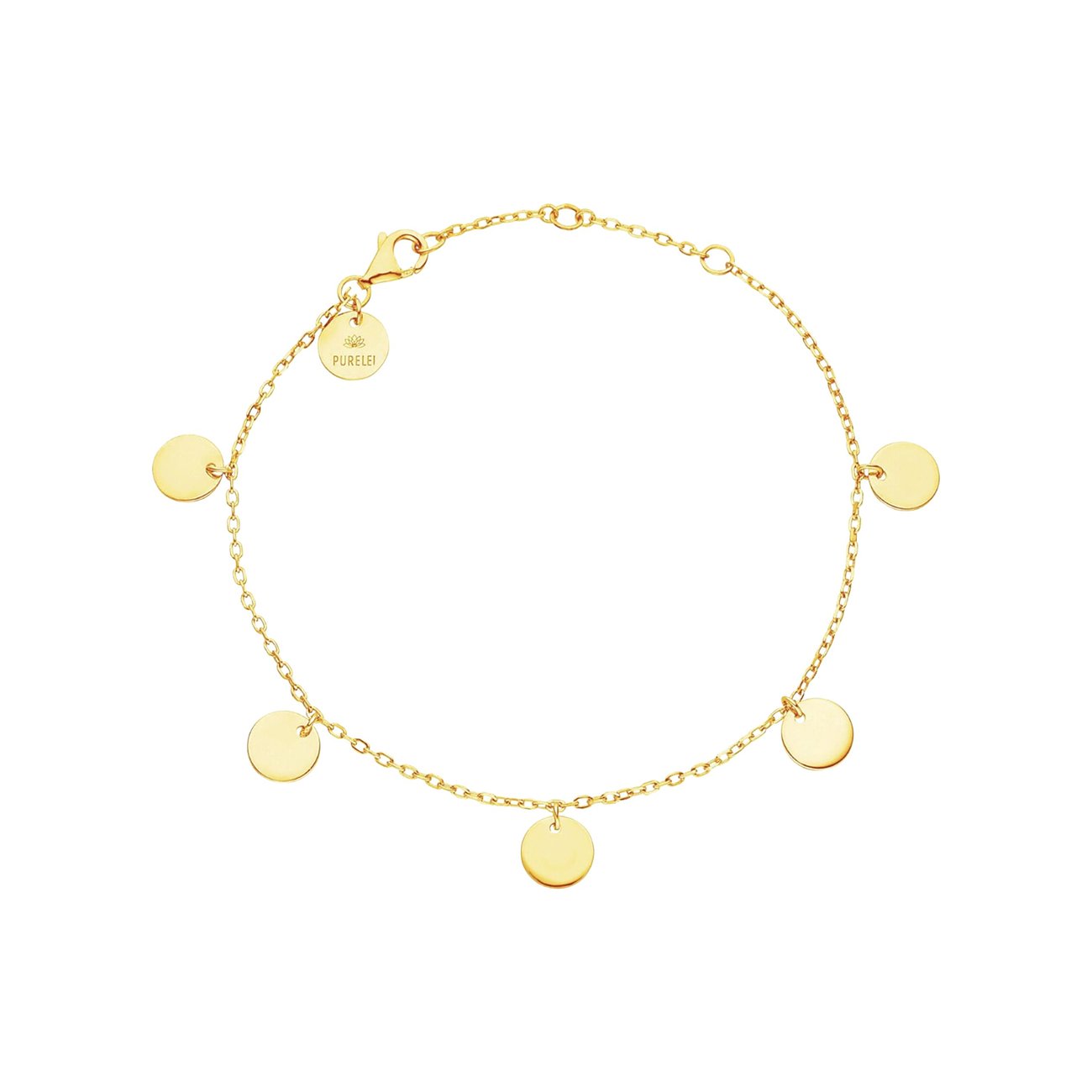 Purelei armband van goudkleurig edelstaal met meerdere ronde, glanzende plaatjes en karabijnsluiting.