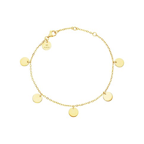 Purelei armband i guldfärgat rostfritt stål med flera runda, glänsande plattor och karbinhake.