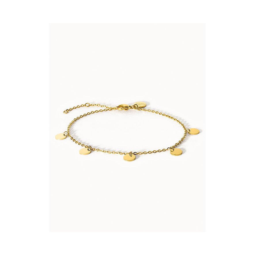 Een glanzende, goudkleurige Purelei roestvrijstalen armband met vijf kleine, ronde bedels.