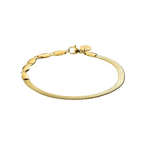 Guldfärgat Purelei armband i rostfritt stål med ormkedja och glänsande rör. Karbinlås synligt.