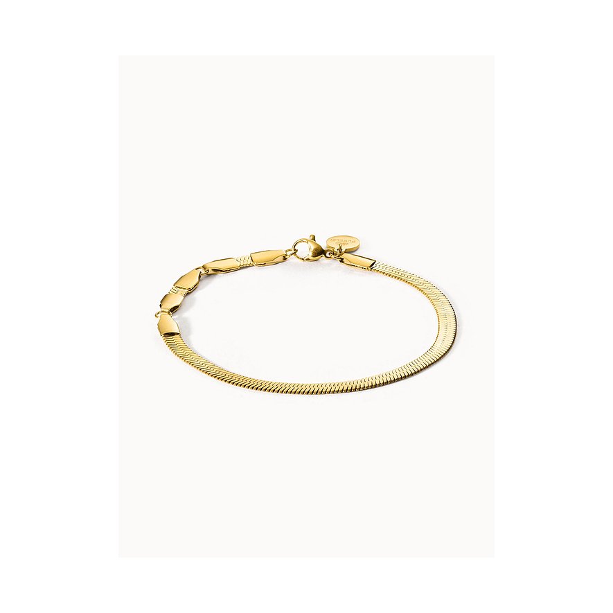 Close-up eines goldenen Purelei Armbands aus Edelstahl, eine Kombination aus Schlangenkette und flachen Gliedern.