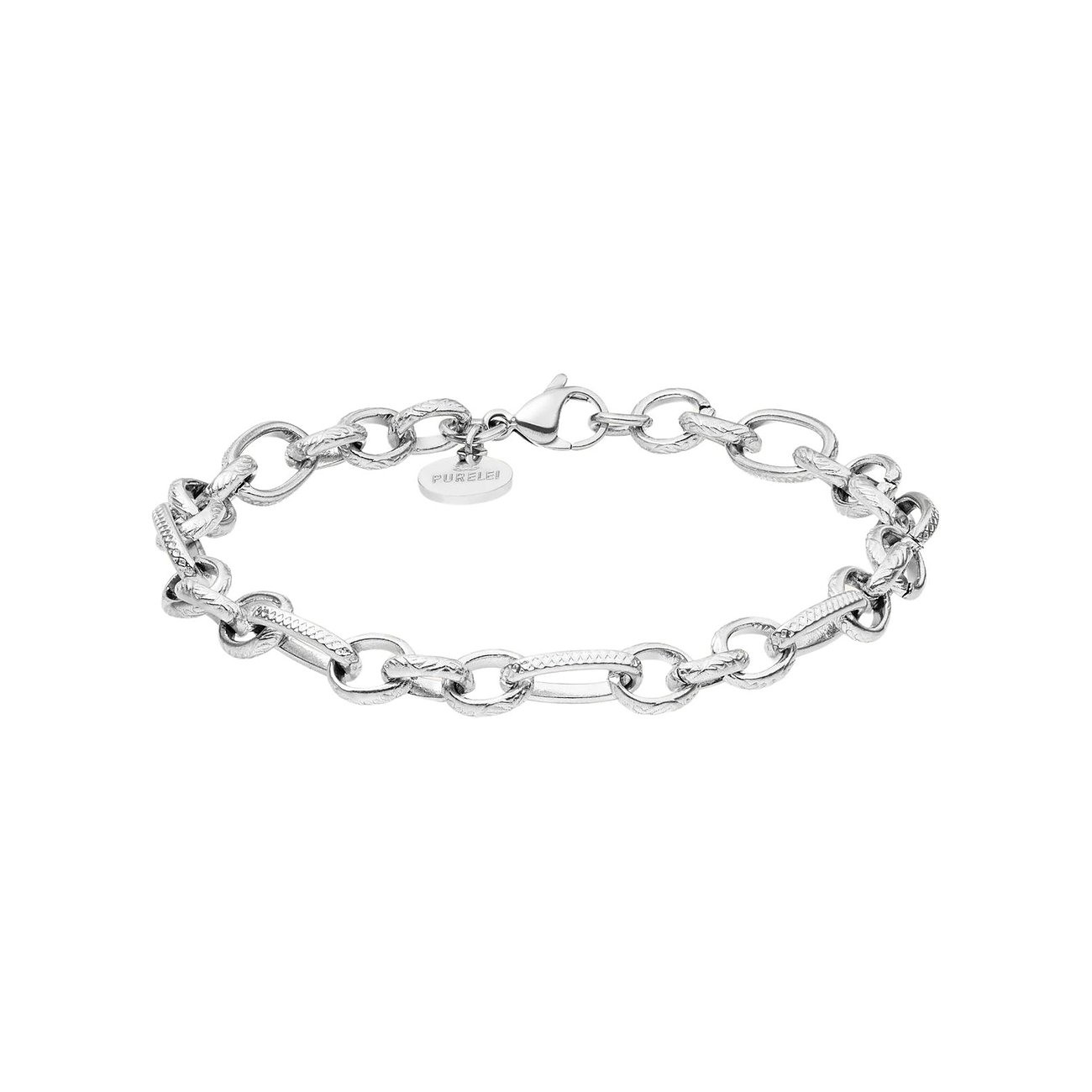 Purelei roestvrijstalen armband, bestaande uit afgeronde en langwerpige schakels met visgraatpatroon.